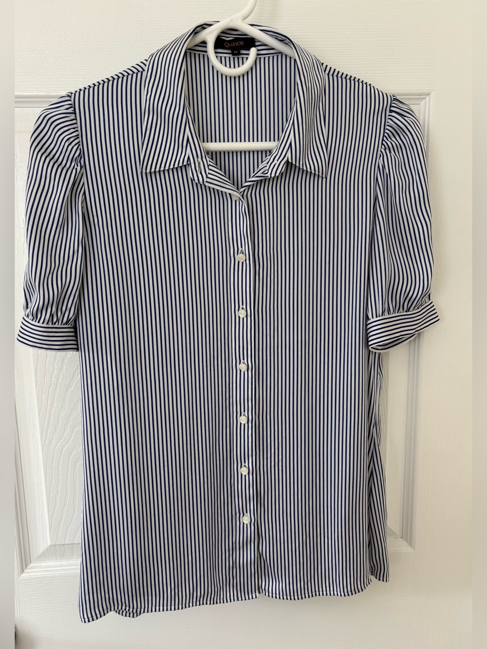 QUINCE Washable Stretch Silk Puff Sleeve in Evie Stripe Medium